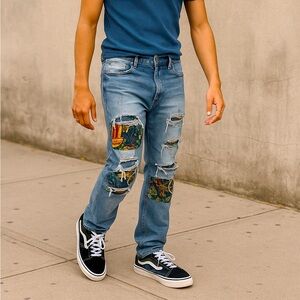 Kloud9 Patchwork Distressed Jeans Size 36x32 Blue Denim Colorful Print Panels